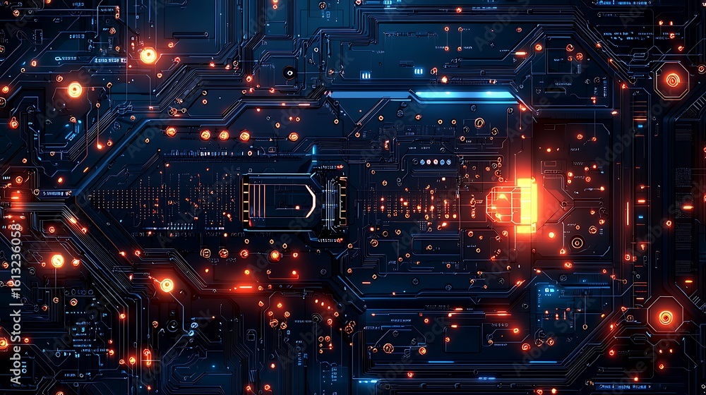 Intricate circuit board glows with energy Intricate circuit board glows with energy