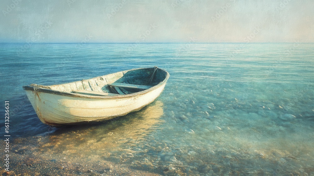 Naklejka premium Old weathered boat moored at calm seashore during daytime
