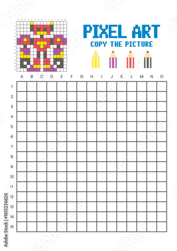 Copy the picture grid drawing worksheet for kids. Pixel art robot