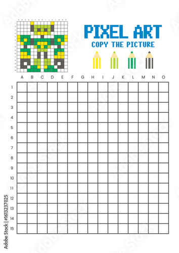 Copy the picture grid drawing worksheet for kids. Pixel art robot