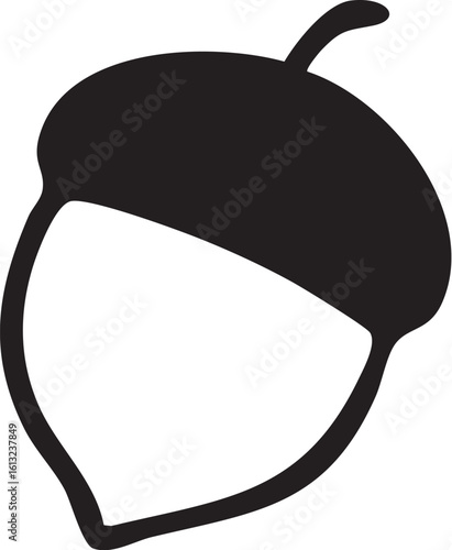 A simple black and white graphic icon of an acorn with a solid cap and outlined nut.