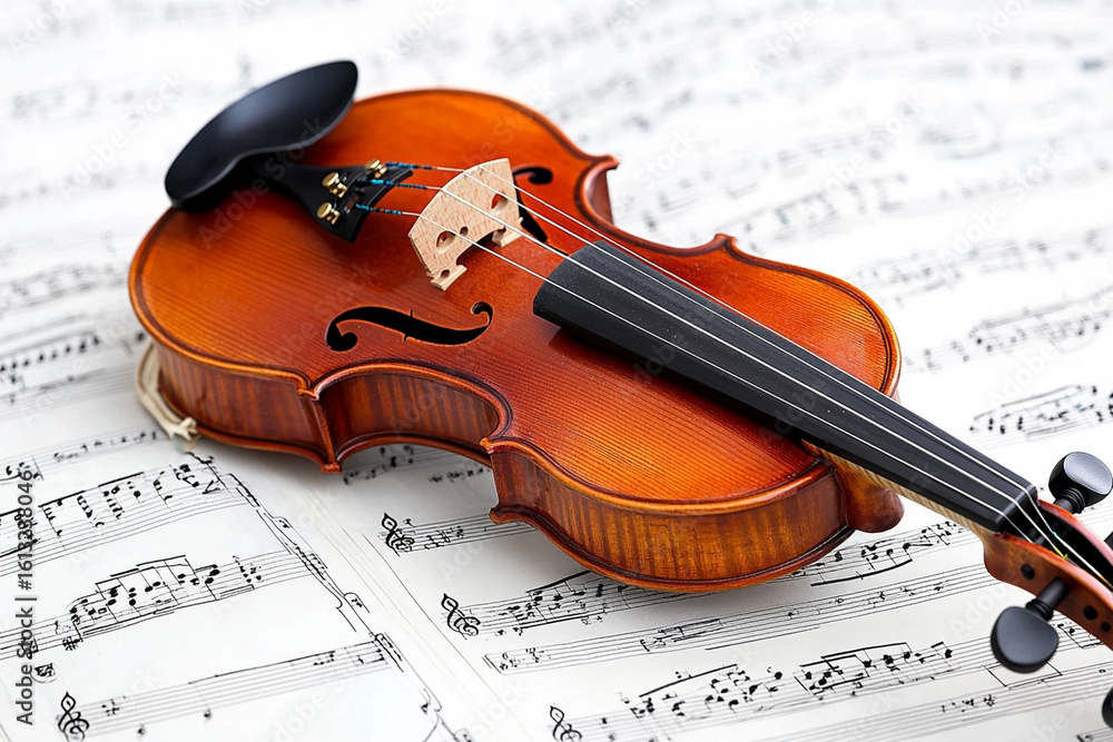 Fototapeta premium Violin and bow resting on chaotic sheet music display