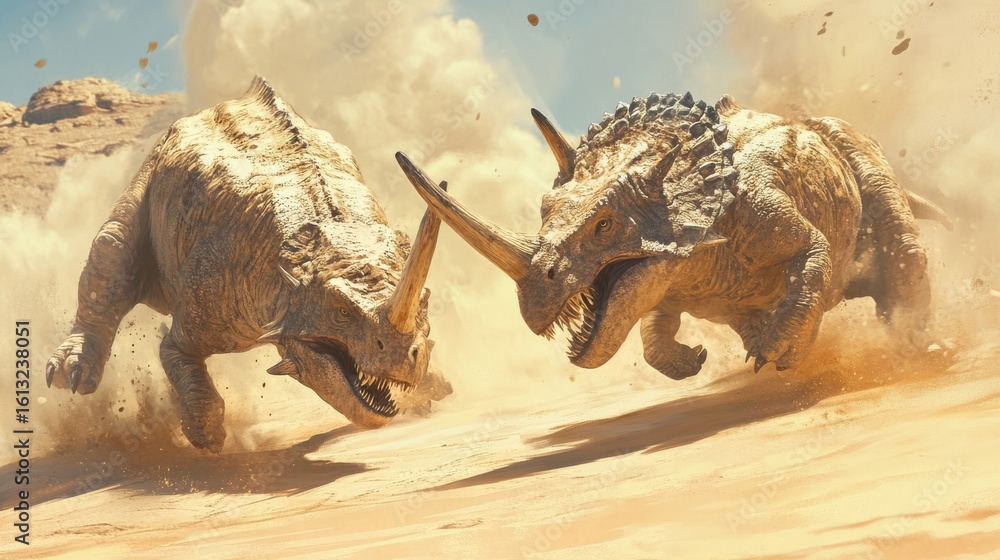 Fototapeta premium Dinosaurs fighting in a dramatic desert landscape