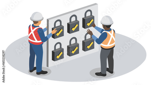 Two workers in safety gear interact with a wall of locks each marked with a yellow check mark symbol