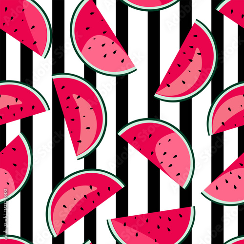 Watermelon slices on striped black and white background form cute summer seamless pattern. Vector
