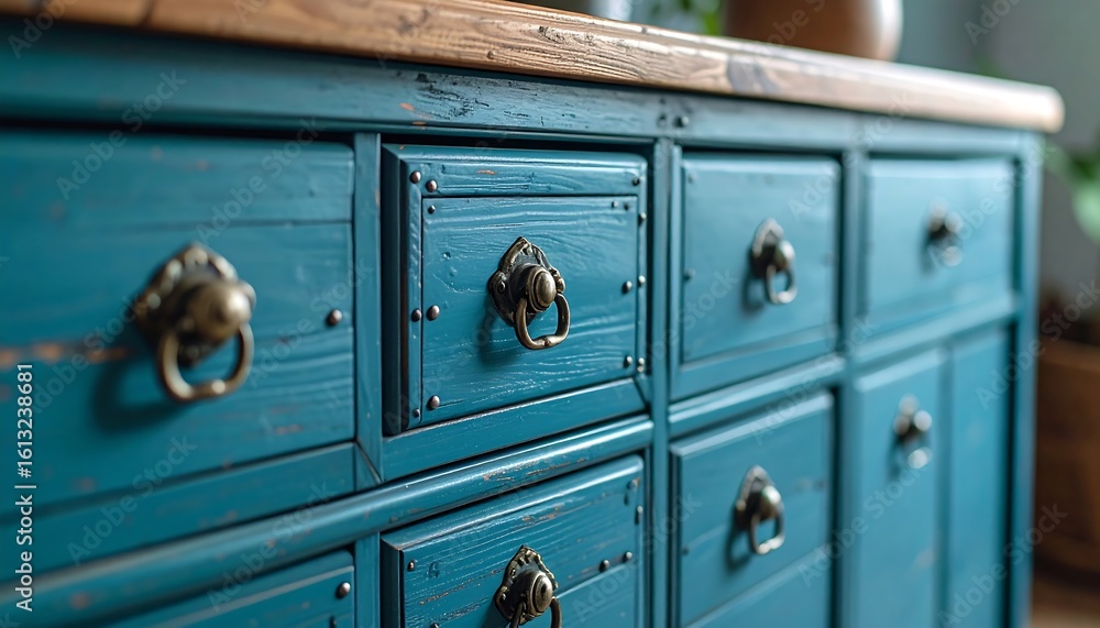 Fototapeta premium Charming rustic sideboard with teal drawers and wooden countertop, vintage allure
