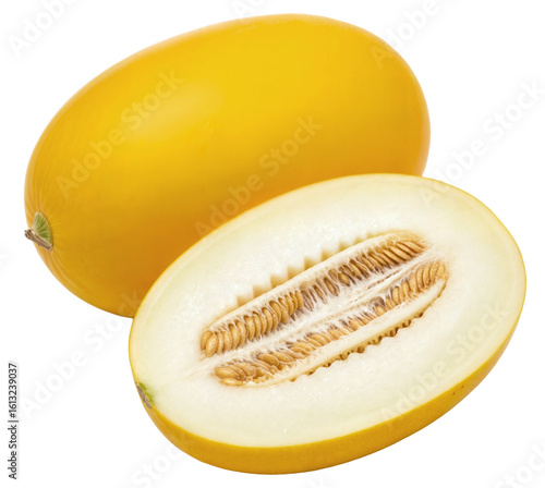 fresh yellow melon, whole and sliced, with visible seeds