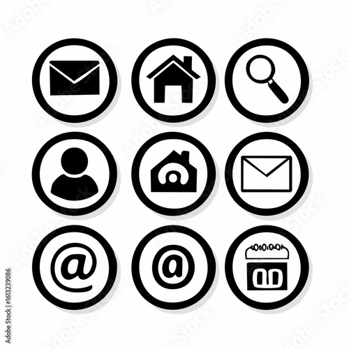 A versatile set of black and white circular web icons for user interface design, featuring home, search, profile, and email symbols. Free Download A versatile set of black and white circular web icons for user interface design, featuring home, search, profile, and email symbols. - GFXLoad