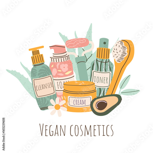 Vegan cosmetic beauty products in bottles, jars set. Face care, skincare hygiene essences. Cream, foam for washing, scrub, soap, sheet mask, spf spray, serum. Skincare routine concept. Vector design.