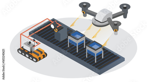 Isometric view of a drone surveying a conveyor belt with boxes and a connected robot system setup