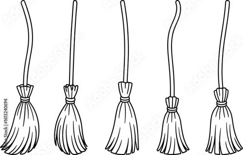 Hand-Drawn Broom Collection – Vintage Line Art Vector Set
