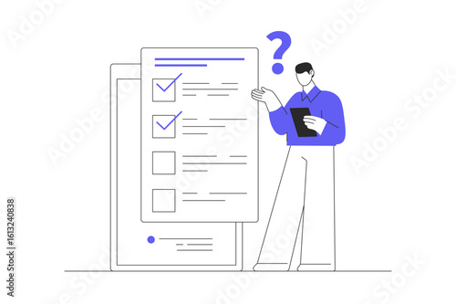Online survey concept. Man thinking and choosing answers for questions in digital questionnaire using app. Flat Cartoon Vector Illustration, icon. Stylish abstract design landing page