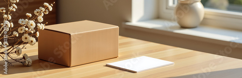 worn kraft brown box sits atop minimalist wooden desk surrounded delicate dried flowers blank business card mockup