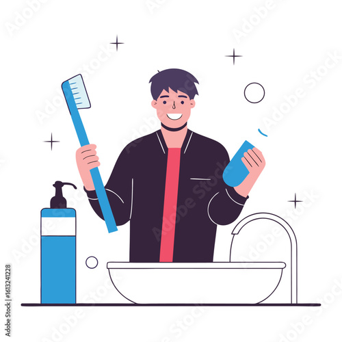 Young man preparing to brush teeth with toothbrush and mouthwash by the sink in a modern bathroom setting