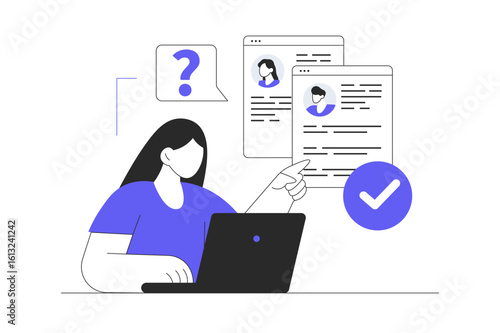 Recruitment concept. Woman searching candidates in company team, looking online resumes to vacancy, approving best recruits cv for job interview. Flat Cartoon Vector Illustration, icon. Stylish web