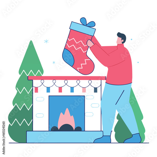 Man hanging a festive christmas stocking on a decorated fireplace mantel with trees and snowflakes in the background