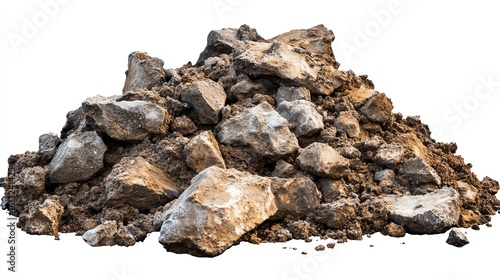 a landslide debris pile clipart, earth movement disaster, photorealistic rock and soil mix, isolated on white background