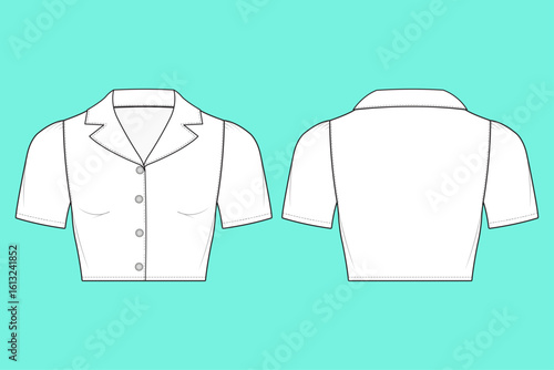  Women's Revere Collar Short Sleeve Crop Shirt Blouse Fashion Flat Sketch Template Outline CAD Mockup.