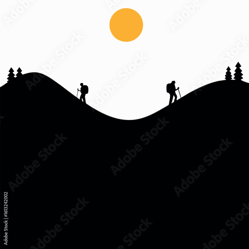 Silhouetted hikers ascend twin hills under a bright sun in monochrome landscape