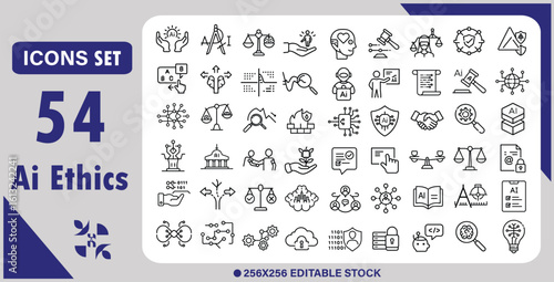 Ai ethics Editable Icons set. Vector illustration in modern thin line style of technology related icons: fairness, transparency, data privacy, and more. Isolated on transparent background.