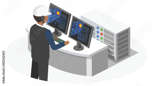 Engineer monitoring complex data on dual screens in a control room with server infrastructure