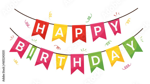 Happy Birthday  Banner with Triangular Flags – Vector Illustration 