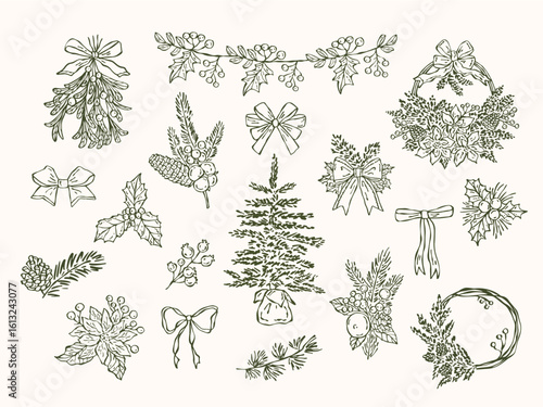 Hand-drawn botanical doodle set of Christmas greenery including holly leaves, mistletoe, pine branches, wreaths, and festive foliage