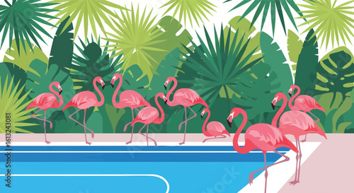 Pink Flamingos Tropical Pool Summer Resort Scene Illustration