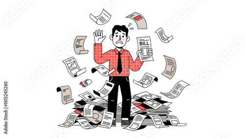 stressed person worried and surrounded by  bills, unpaid debts and finance  Man Drowning in Unpaid Bills and Invoices vector art