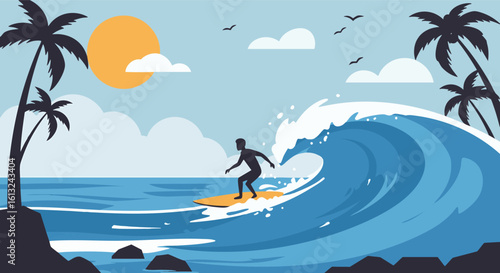 Surfer Riding Tropical Ocean Wave Illustration