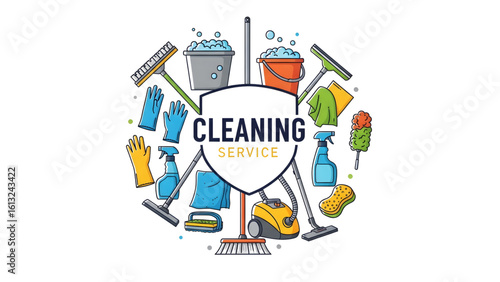 Colorful Cleaning Service Logo Concept  Cleaning Service Shield with Mop, Bucket, and Gloves 