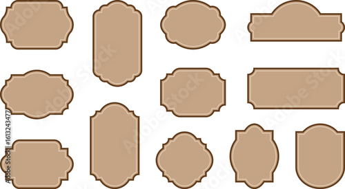Elegant vintage labels with ornate frames in cream beige and brown color. Classic tags with decorative border for handmade branding and rustic packaging. Set of vector designs with blank space