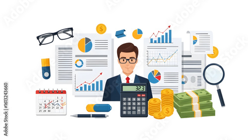inancial Tools and Charts Vector Art of Desk with Charts, Calculator, and Cash "Corporate Finance Illustration: Magnifying Glass, Documents, and Stacks of Money