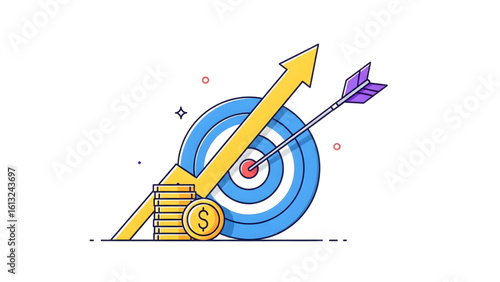 Bullseye Profit Vector – Upward Arrow & Gold Stack  Growth Finance Icon – Target, Coins, Crimson Arrow Financial Target Investment Success Infographic