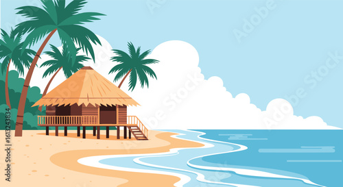 Tropical Beach Paradise Island Bungalow Ocean View Illustration