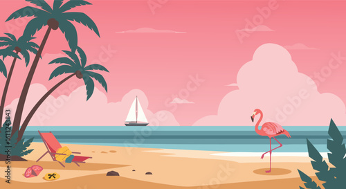 Tropical beach sunset with flamingo and sailboat