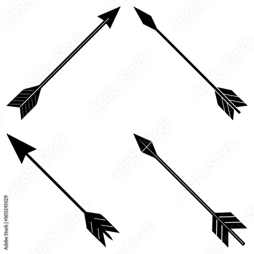 Four black arrows with different fletchings and arrowhead designs pointing in various directions on white