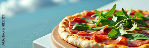 captures rustic pizza garnished peppery arugula leaves crispy prosciutto strips soft serene blue