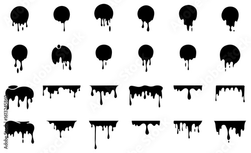 Black dripping ink. Isolated spots of paint, floating oil blots vector icons.Set of vector black paint drip ink splatter and liquid splash silhouette icons isolated on white background