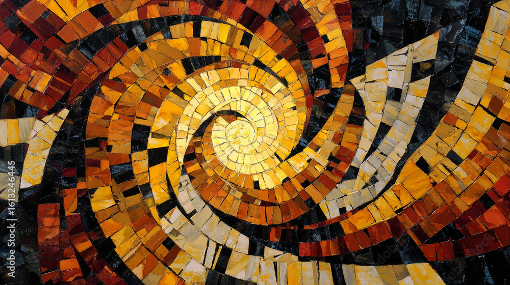 Fototapeta premium A mesmerizing spiral mosaic artwork composed of geometric tiles in warm shades of yellow, orange, and brown against a dark background