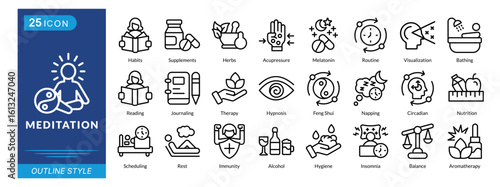 meditation icon set collection in outline style. an icon pack contain habits, supplements, herbs, acupressure, melatonin, routine, visualization, bathing, reading, journaling
