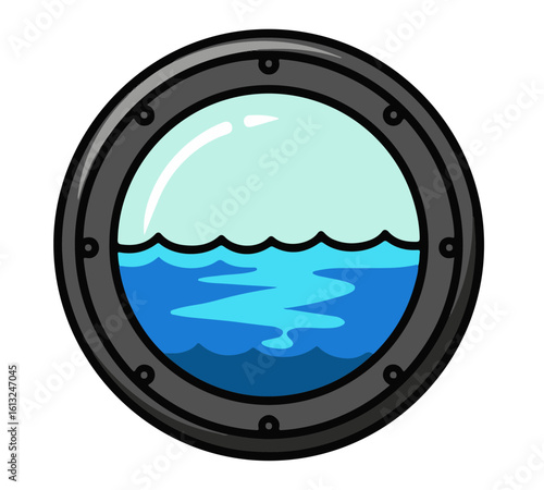 Cartoonish porthole view of ocean water, simple design.