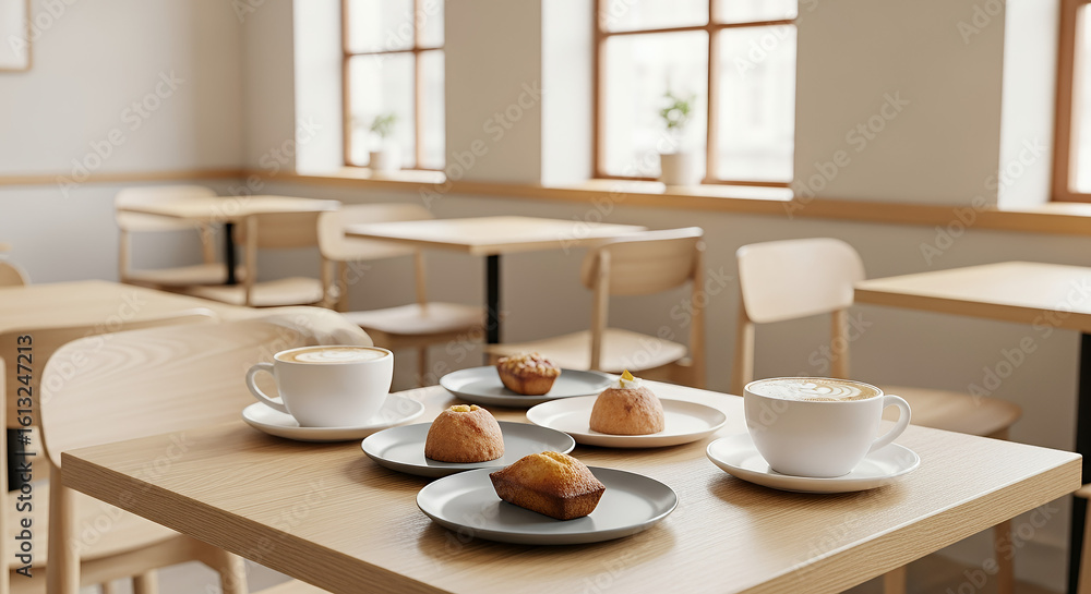 custom made wallpaper toronto digitalCozy cafe table with coffee cups and freshly baked muffins in a bright setting
