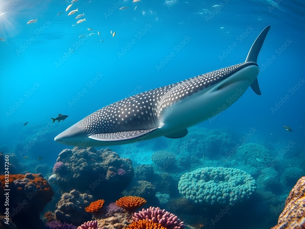 Fototapeta premium Serene whale shark gliding through tropical reef clear water