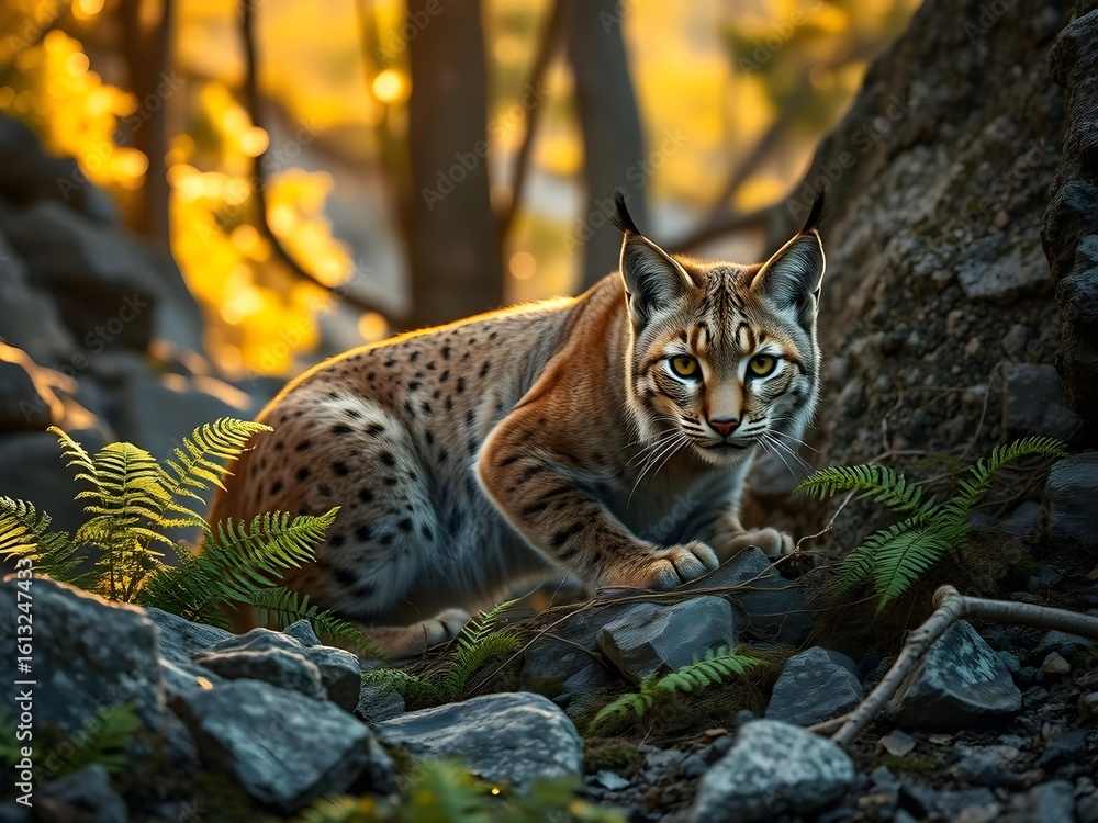 Naklejka premium Wild lynx in a rocky forest 