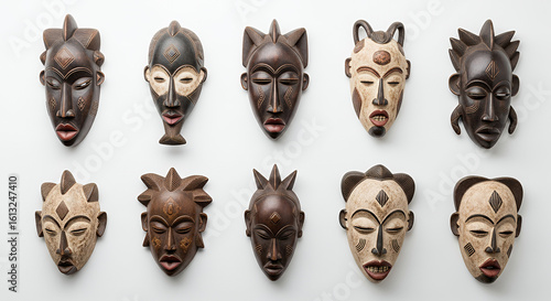 African masks collection displayed on white background with copy space