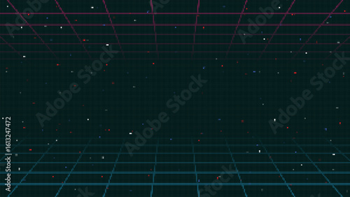 Pixel art background.8 bit game.retro game. for game assets in vector illustrations.Retro Futurism Sci-Fi Background. glowing neon grid.and stars from vintage arcade comp