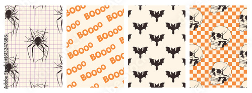 Modern backgrounds for Halloween with spiders, boo, bats, and skulls. Abstract Halloween banners for social media, content decoration, background. Halloween cover. Abstract skulls on a chessboard