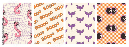 Modern Halloween backgrounds with a flying bat, 'boo', embossed netting with worms, and a checkerboard with eyes. Halloween background set for postcards, social media, stories, posters. Vector banners