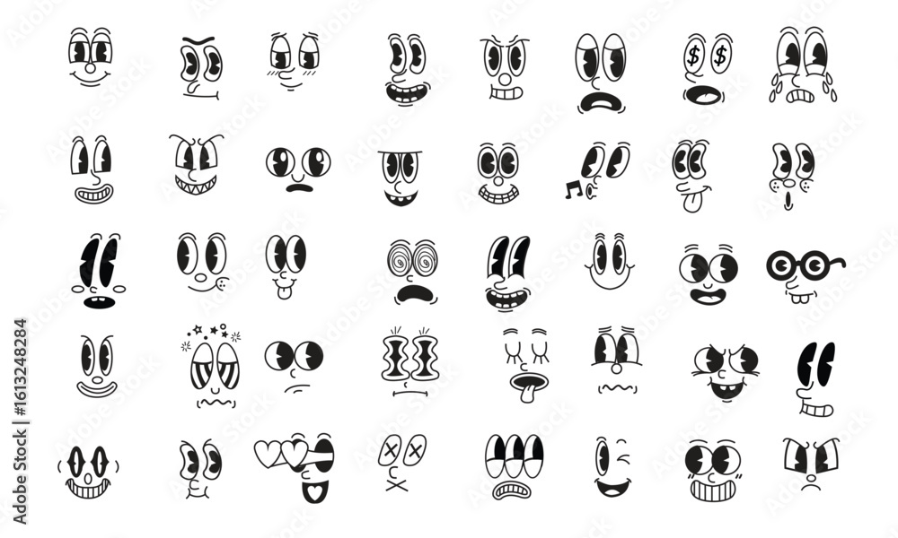 Fototapeta premium Set of Cartoon Face Expressions. Funny Black and White Comic Style Character Emotions